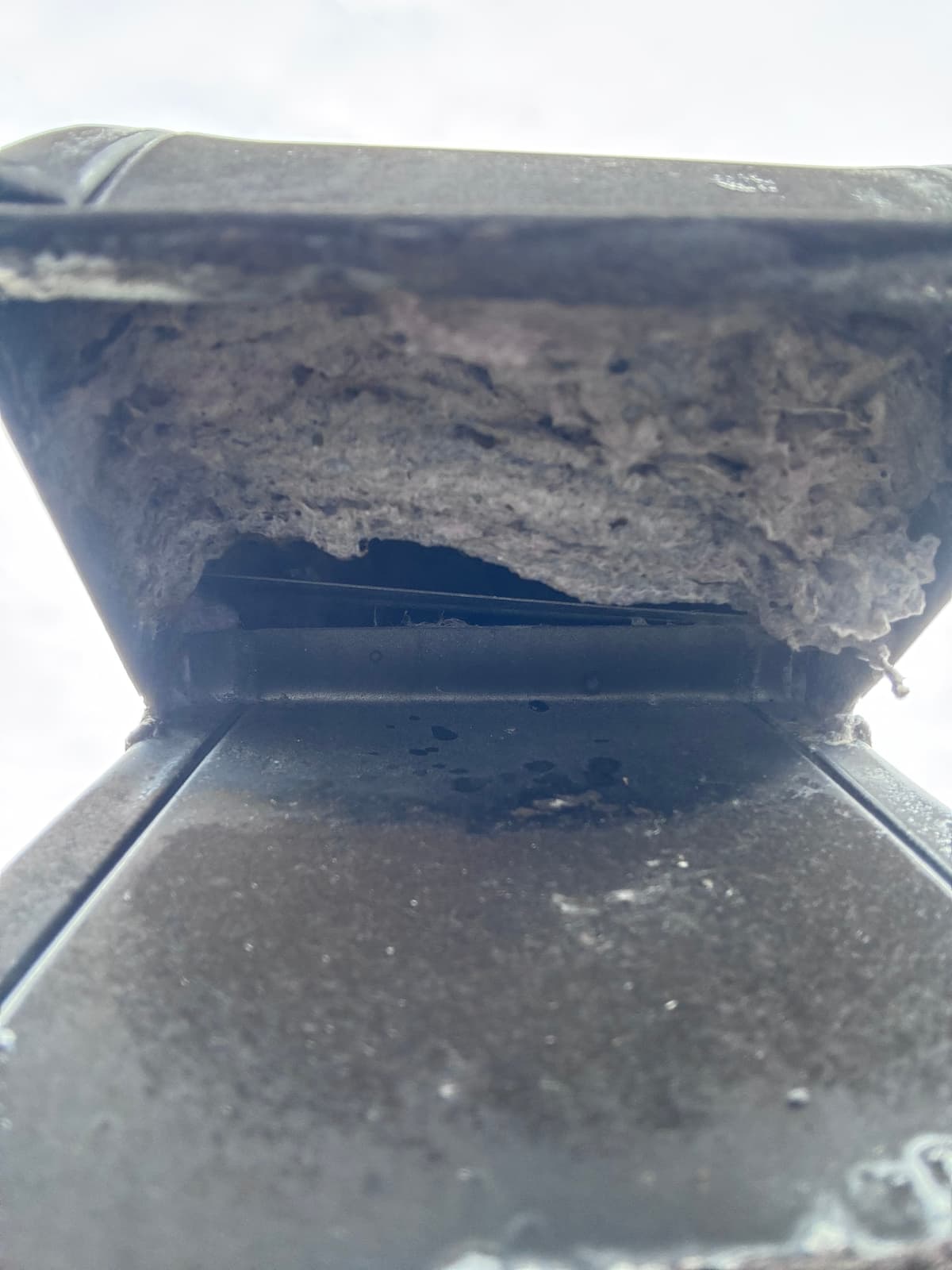 Lint packed behind the flap of a roof dryer vent cap