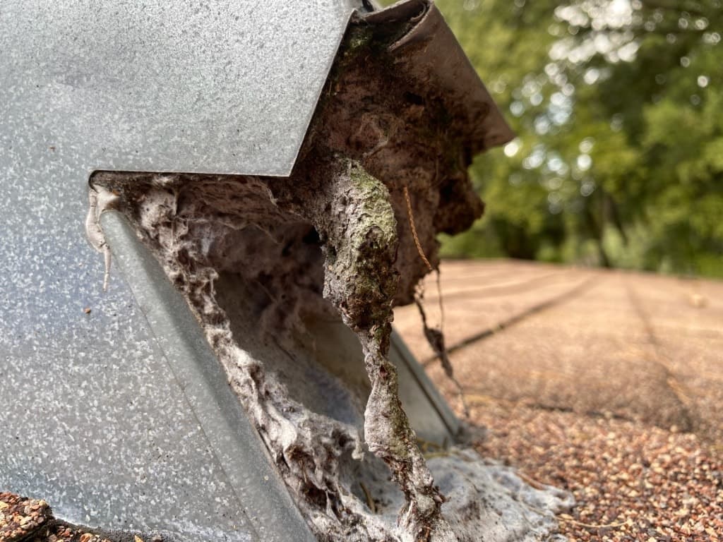 A roof dryer vent cap packed with lint and debris before cleaning