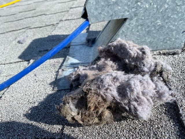 A pile of lint pulled out of a roof dryer vent during cleaning