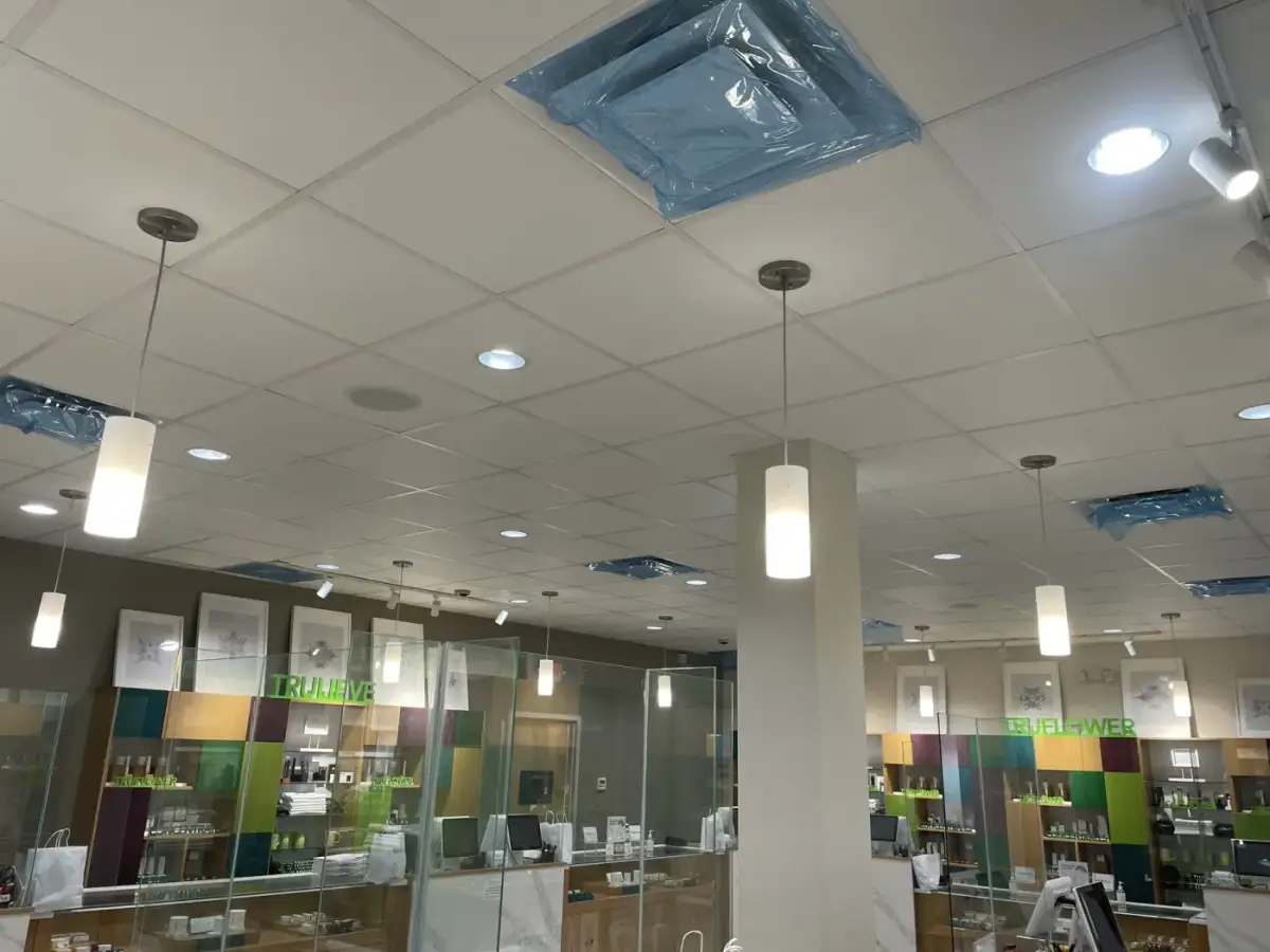 A commercial office interior where the ceiling vents were cleaned