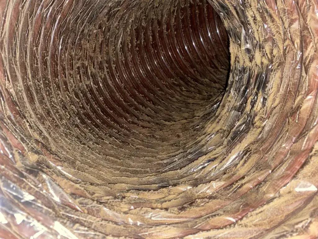 Tan dust coating the inside of a flexible duct
