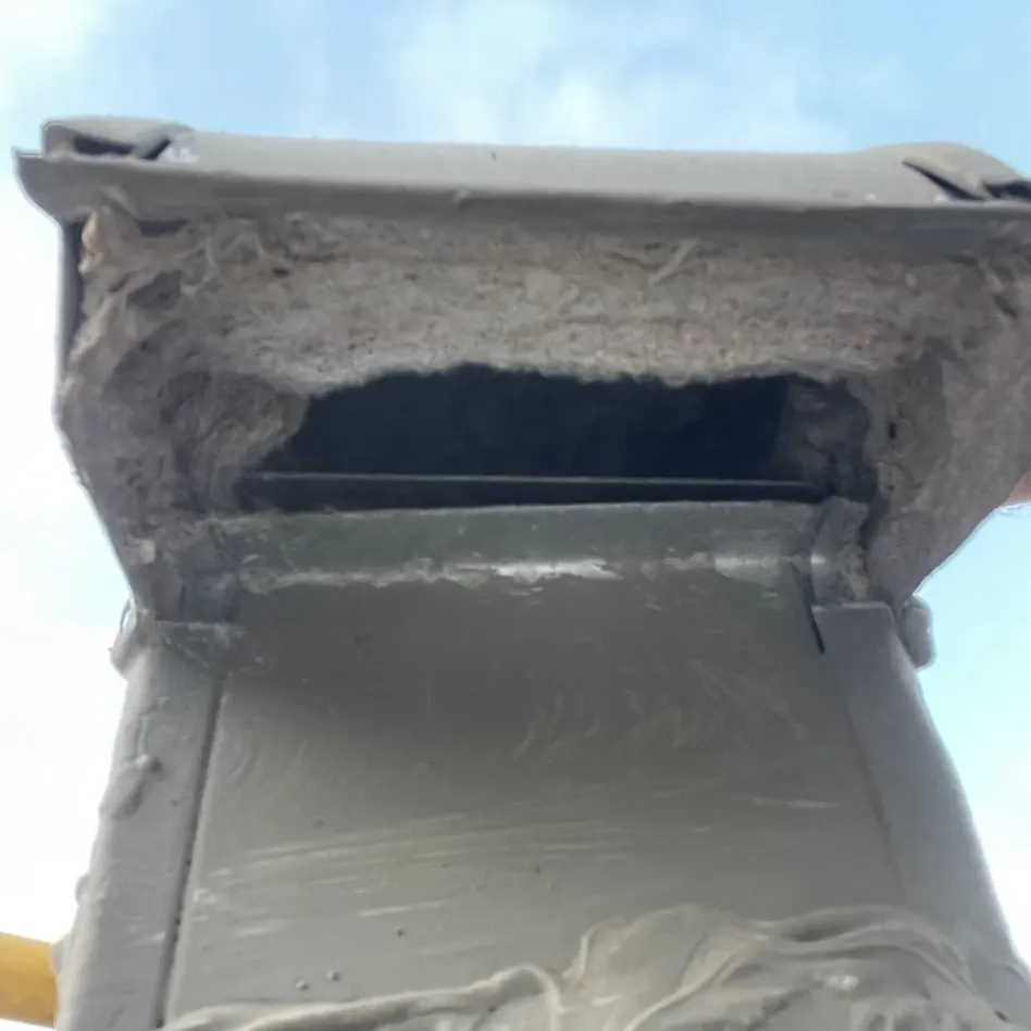 Lint matted under a roof dryer vent cap before cleaning