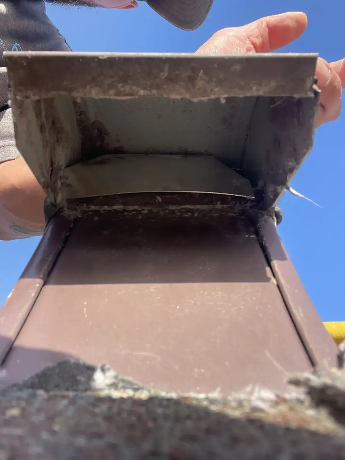 Lint inside a dryer vent box at the wall