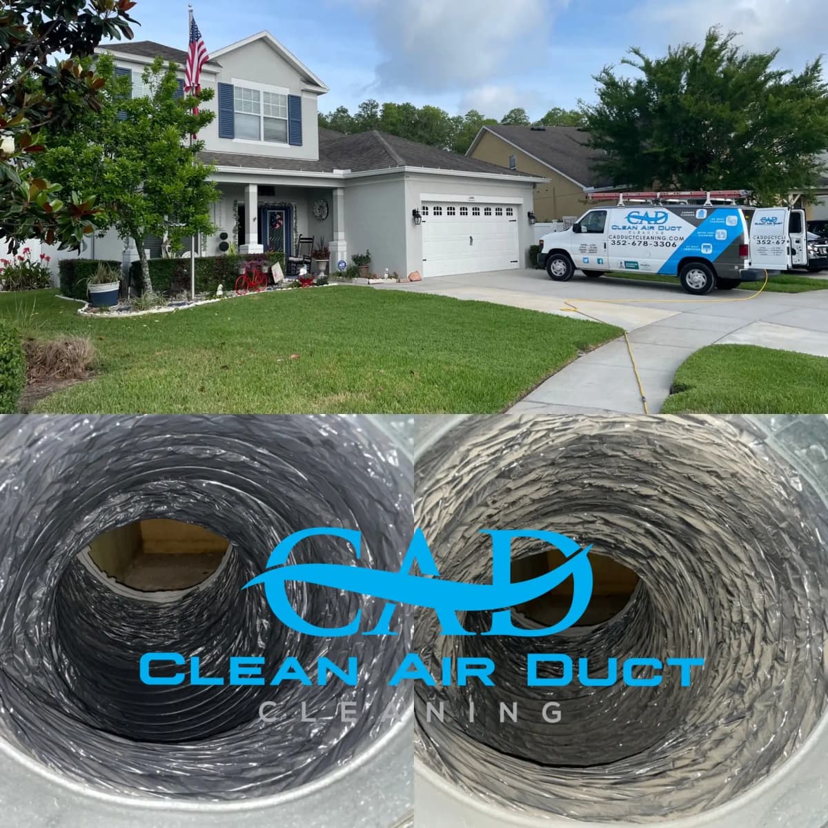 A return duct run before & after  cleaning, its ribs packed with a thick grey coat of dust and lint