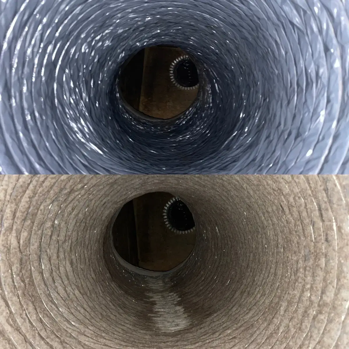 The inside of a flexible duct lined with grey dust before cleaning