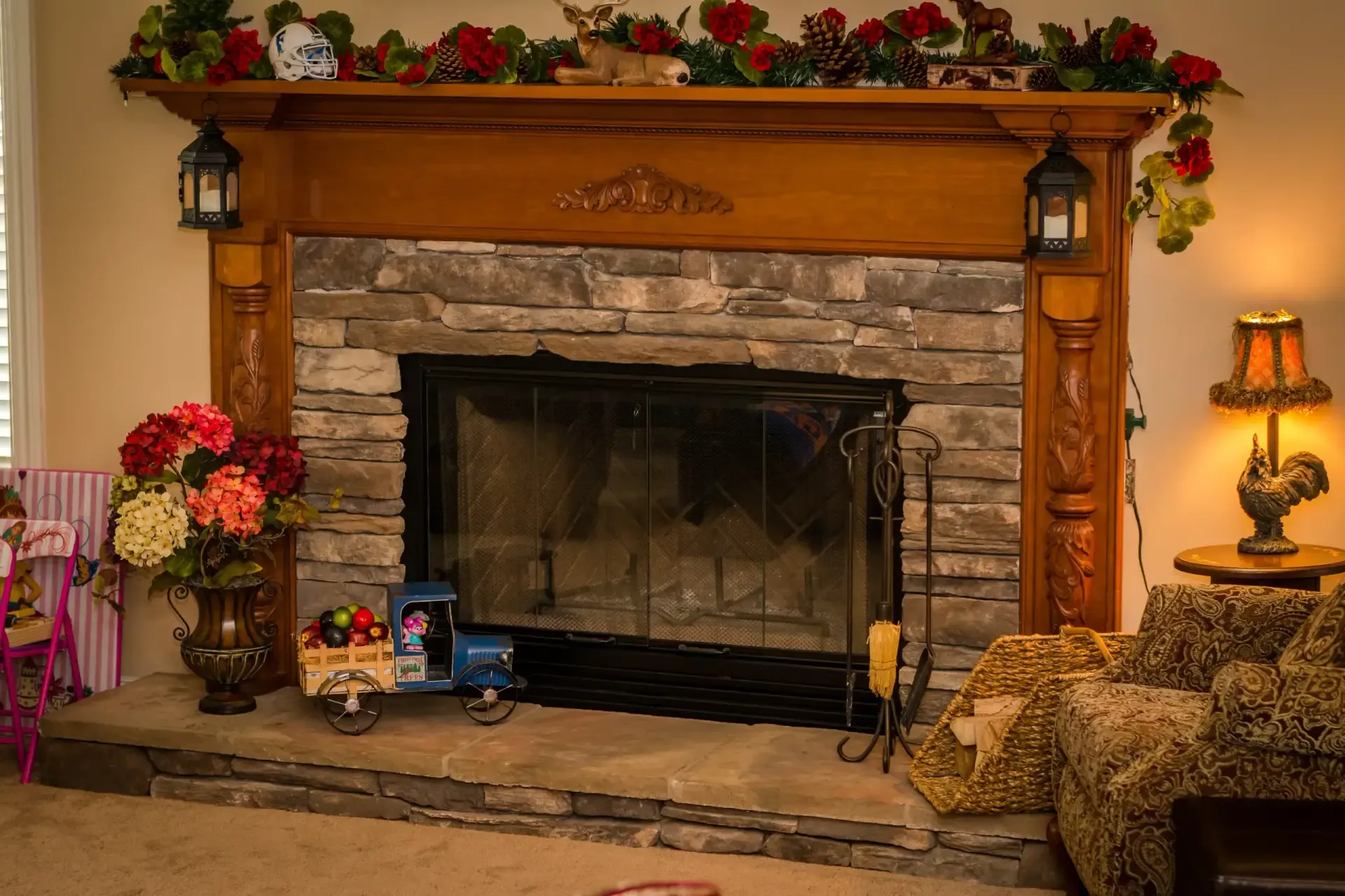 A brick fireplace and hearth in a Central Florida home