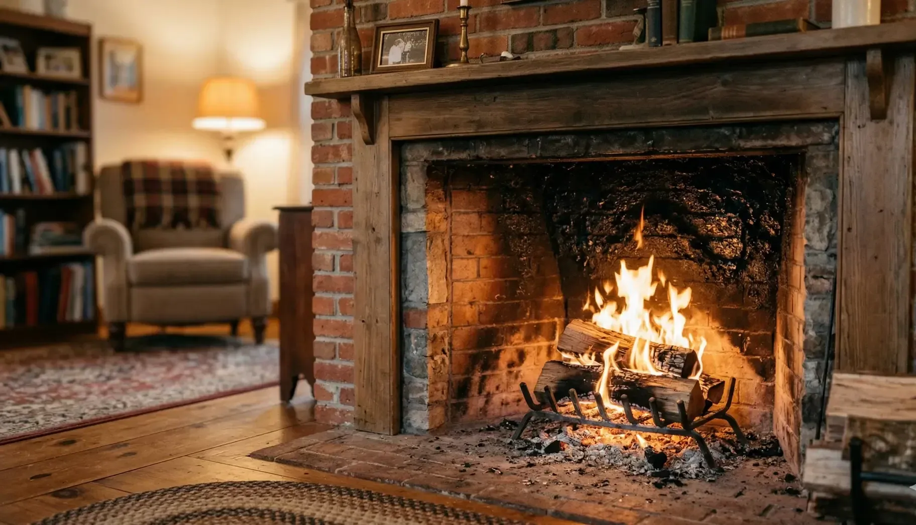 A lit fireplace in a Central Florida living room